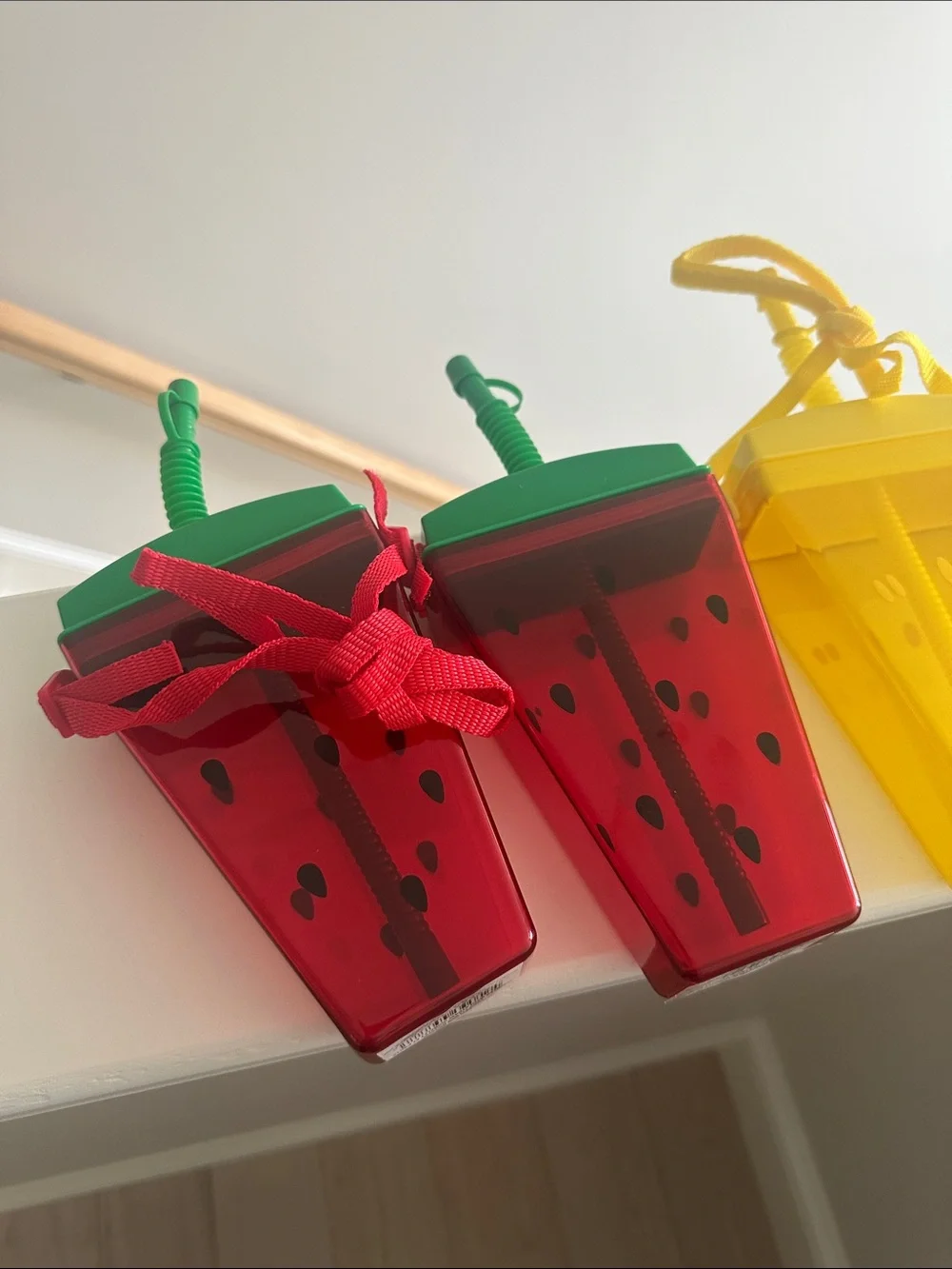 Kids Fruit-Shaped Drink Cup Canteen with Strap - Yellow Lemon & Red Watermelon